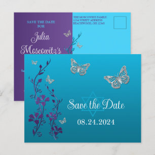 Carte Postale Turquoise, Floral Violet, Bat mitzvah de papillons