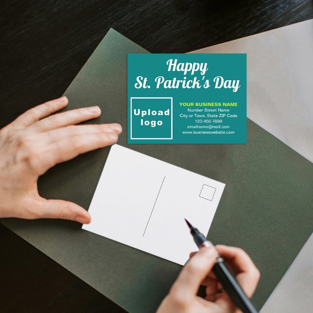 Carte postale turquoise Green St Patrick Business  (Business brand with St. Patrick greeting on teal green holiday postcard)