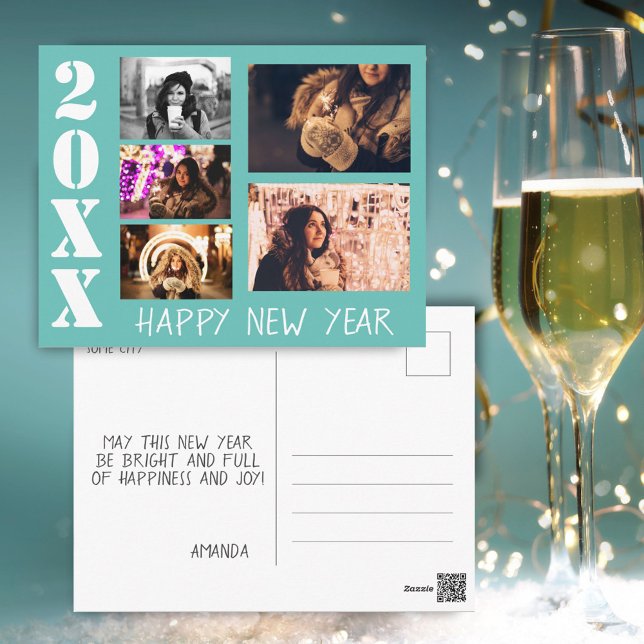 Carte Postale Turquoise moderne Bonne année 5 photo Collage (Créateur téléchargé)