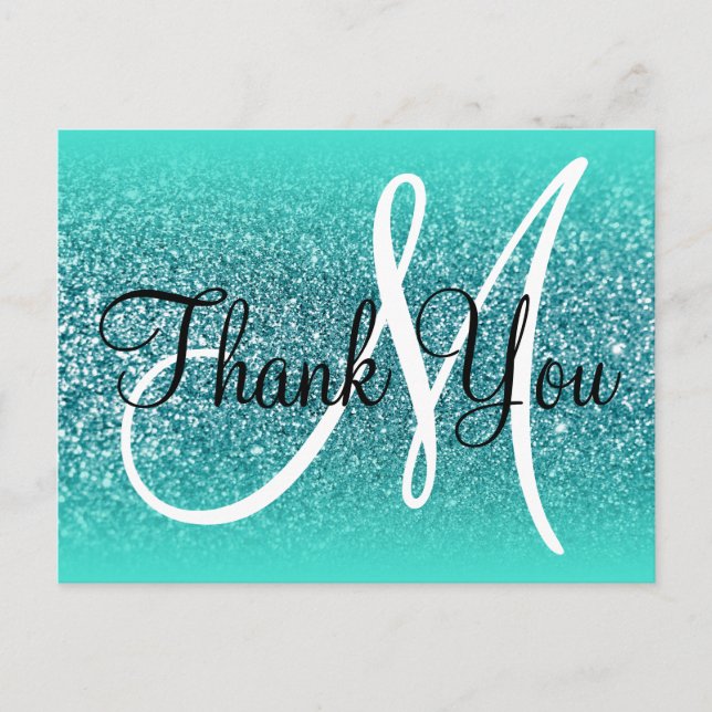 Carte Postale Turquoise Ombre Sarcelle Paillettes Monogramme Mer (Devant)