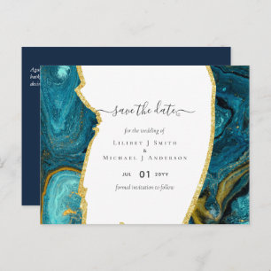 Carte Postale Turquoise Peacock Blue Gold Agate Mariage
