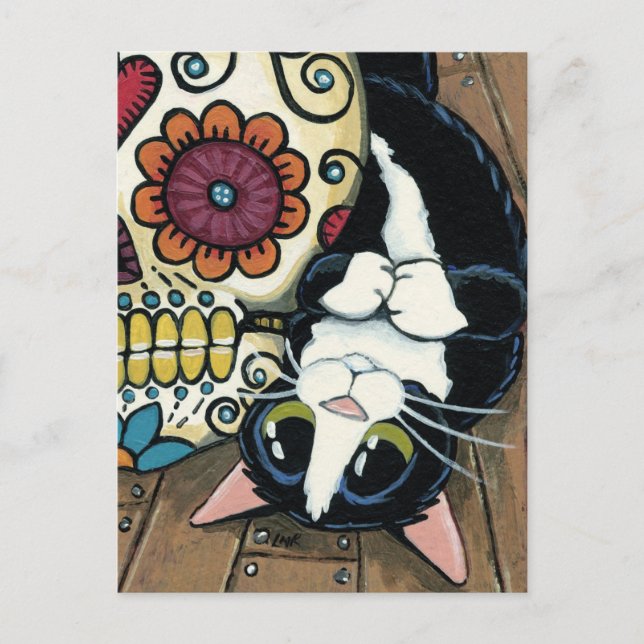 Carte Postale Tuxedo Cat et crâne de sucre Illustration (Devant)