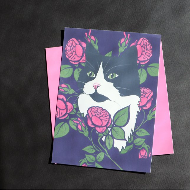 Carte Postale Tuxedo Cat Peony Floral Art Tuxie Cat (Créateur téléchargé)