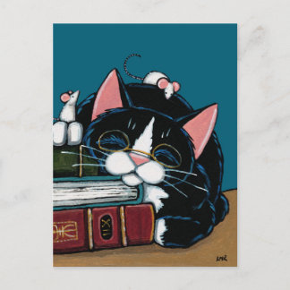 Carte Postale Tuxedo Cat & White Mice Bedtime Story Illustration