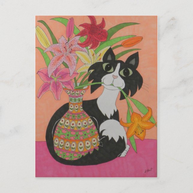 Carte Postale Tuxedo Chat avec Lilies (Devant)