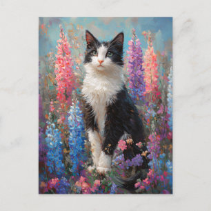 Carte Postale Tuxedo Chat Colorful Lupine Fleurs Peinture