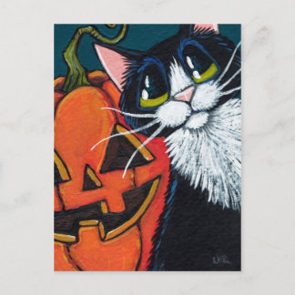Carte Postale Tuxedo Chat et Lanterne Citrouille souriante