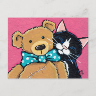Carte Postale Tuxedo Chat et ours en peluche avec Cravate en cou