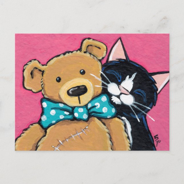 Carte Postale Tuxedo Chat et ours en peluche avec Cravate en cou (Devant)