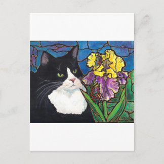 Carte Postale Tuxedo Chat Iris Fleur Papillon Tiré