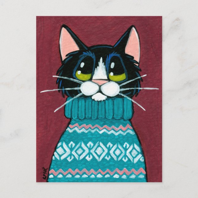 Carte Postale Tuxedo Chat portant une peinture de pull moche (Devant)