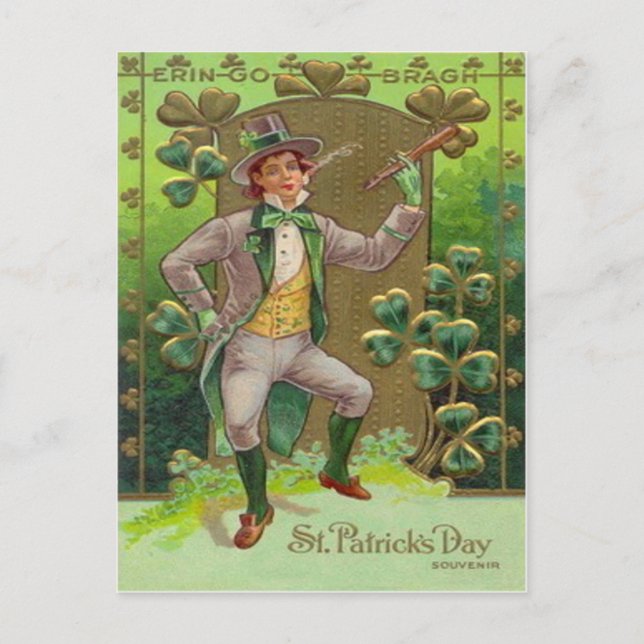 Carte Postale Tuyau en argile Leprechaun Shamrock Shillelagh (Devant)