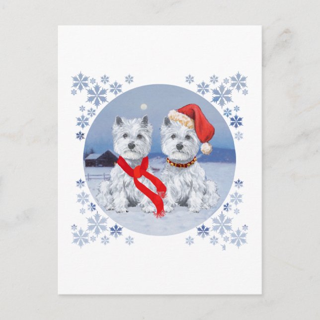 Carte Postale Twin Westies sur une soirée hivernale (Devant)