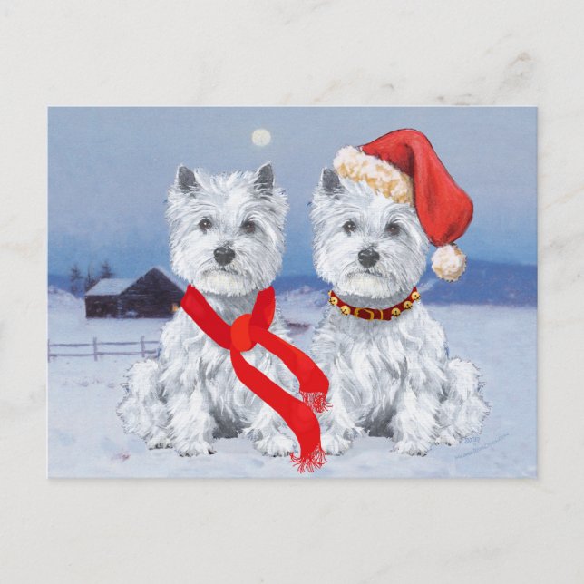 Carte Postale Twin Westies sur une soirée hivernale (Devant)