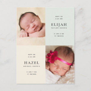 Carte Postale Twins Jaune et Faire-part de naissance photo vert