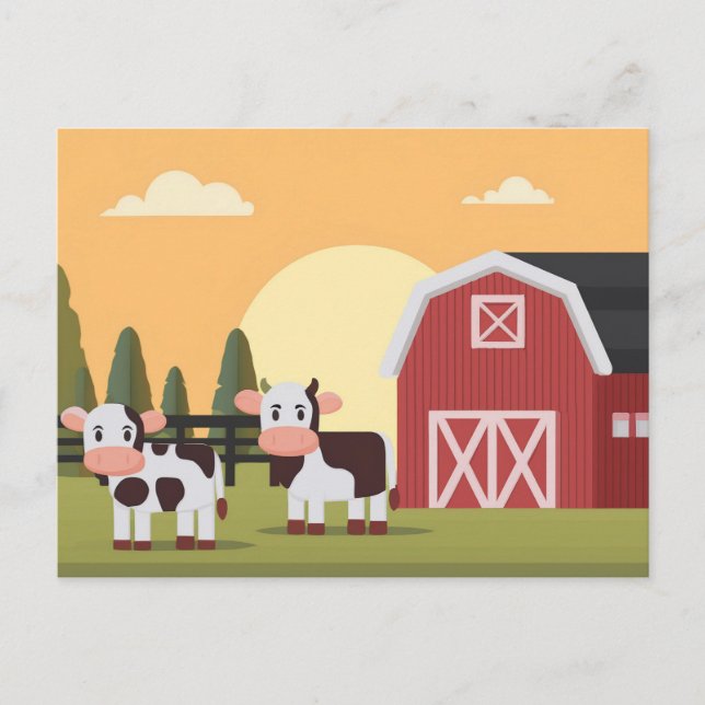 Carte Postale Two Cows and a Red Barn at Sunrise (Devant)