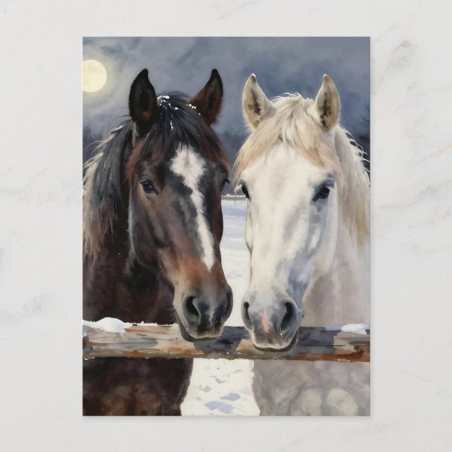 Carte Postale Two Horses on a Snowy Farm | Keeping in Touch (Devant)