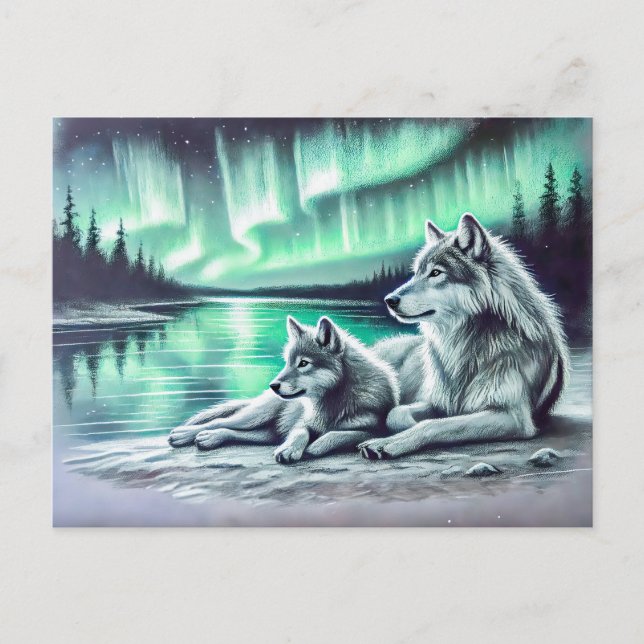 Carte Postale Two Wolves at the Waters Edge with Northern Lights (Devant)