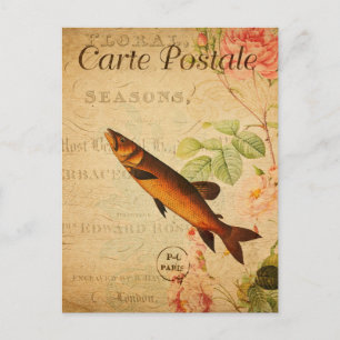Carte Postale Type Saumon vintage Poisson Fleurs florales França