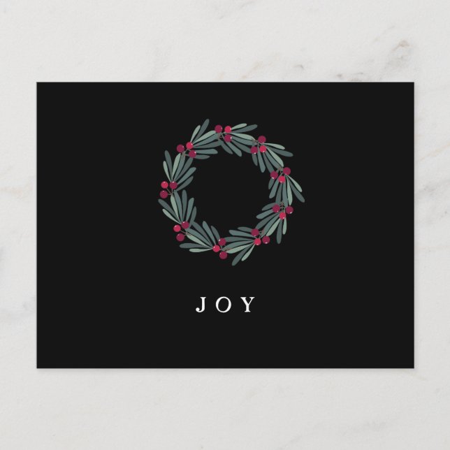 Carte Postale Typographie "JOY" Holly Berry Wreath Holiday (Devant)