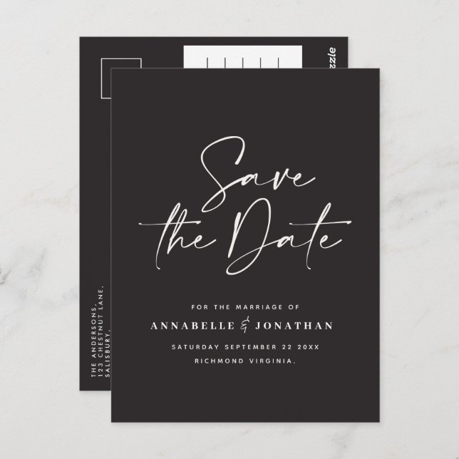 Carte Postale Typographie manuscrite moderne mariage noir blanc (Devant / Derrière)