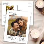 Carte Postale Typographie Minimaliste Moderne 2 Photo Enregistre<br><div class="desc">Cette carte postale de date moderne offre un design minimaliste offrant de l'espace pour deux photos. Le texte élégant apparaît sur un arrière - plan blanc propre. Le texte personnalisé,  à l'arrière,  vous permet d'ajouter les détails de votre mariage.</div>