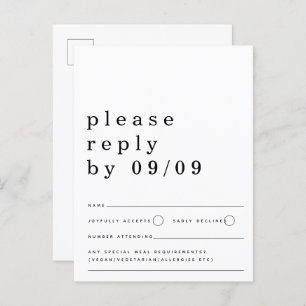 Carte Postale Typographie minimaliste Noir Blanc Mariage RSVP