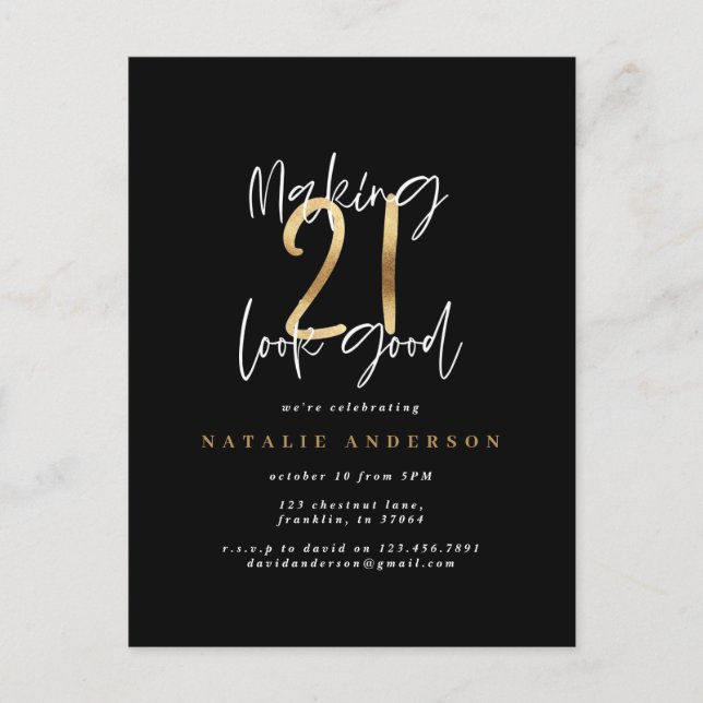 Carte Postale Typographie moderne 21e anniversaire noir et or (Devant)