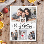 Carte Postale Typographie moderne Script Collage Noël<br><div class="desc">Elégant, moderne 4 Photo Collage Joyeux Script de Noël noir et blanc Carte postale de vacances. Ce modèle festif, mimimaliste, fantasque quatre (4) photo carte de vacances présente un joli collage photo, un flocon de neige et dit Joyeux Noël! Le texte de salutation "Joyeux Noël" est écrit dans un beau...</div>