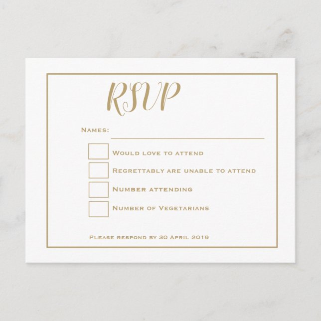 Carte Postale Typographie or simple et mariage cadre RSVP (Devant)