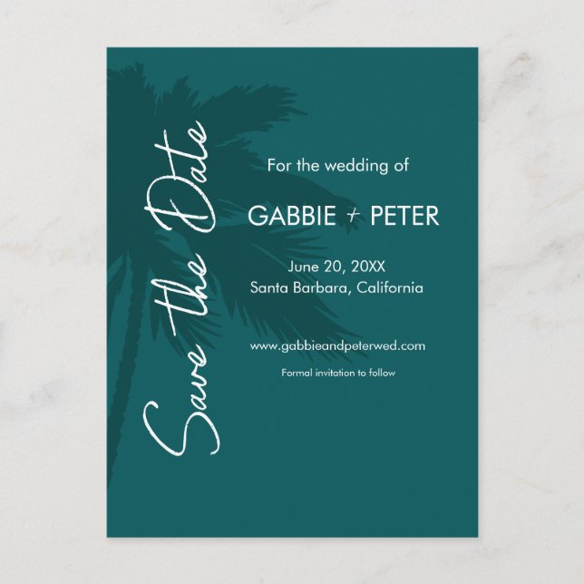 Carte Postale Typographie palmier Turquoise moderne Enregistrer  (Devant)