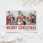Carte Postale Typographie rouge Joyeux Noël Trois photos Collage<br><div class="desc">Joyeux Noël! Carte postale de Noël personnalisable avec typographie simple rouge et noire. Personnalisez en ajoutant trois photos,  noms,  année et autres détails. Cette carte postale moderne de Noël est disponible en d'autres couleurs et en carton.</div>