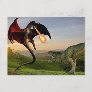 Carte Postale Tyrannosaures Vs Dragon Rouge Cracheur de Feu Bata