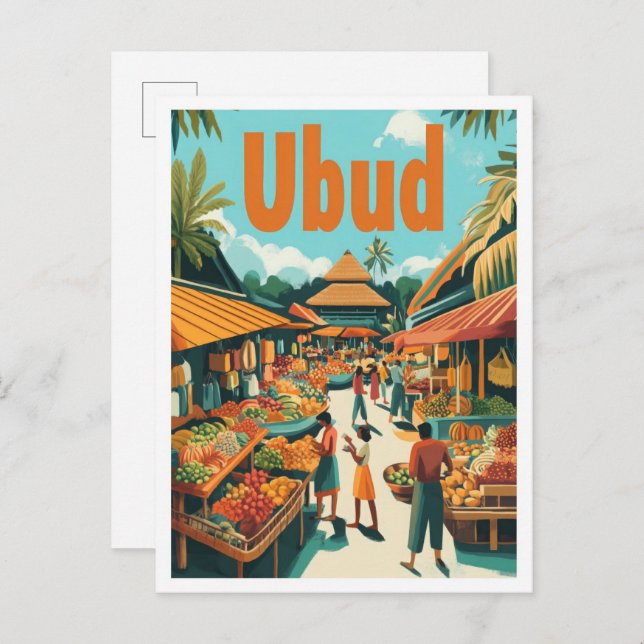 Carte Postale Ubud Bali Indonésie Illustration Vintage voyage (Devant / Derrière)