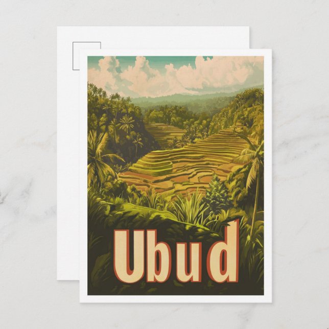 Carte Postale Ubud Bali Indonésie Illustration Vintage voyage (Devant / Derrière)