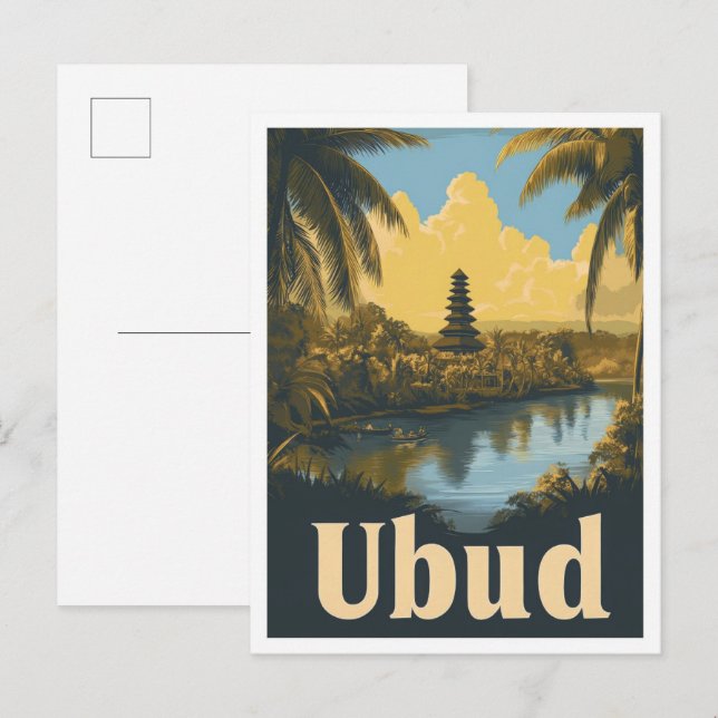 Carte Postale Ubud Bali Indonésie Illustration Vintage voyage (Devant / Derrière)