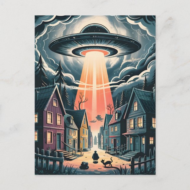 Carte Postale UFO Abduction Night Street Illustration (Devant)
