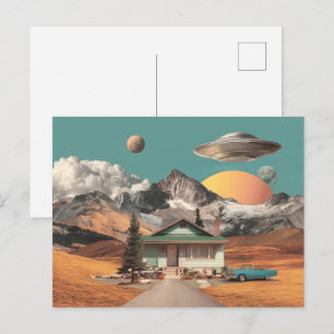 Carte Postale UFO Surréaliste au-Dessus d'une Maison Rustique