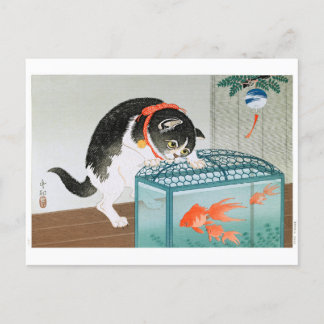 Carte Postale Ukiyoe [Koson] Chat et poisson d'or
