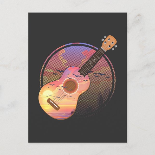 Carte Postale Ukulele Vintage Coucher de Soleil Musicien Nature  (Devant)