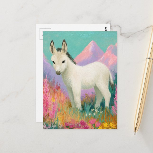 Carte Postale Un adorable âne blanc (Devant/Arrière en situation)