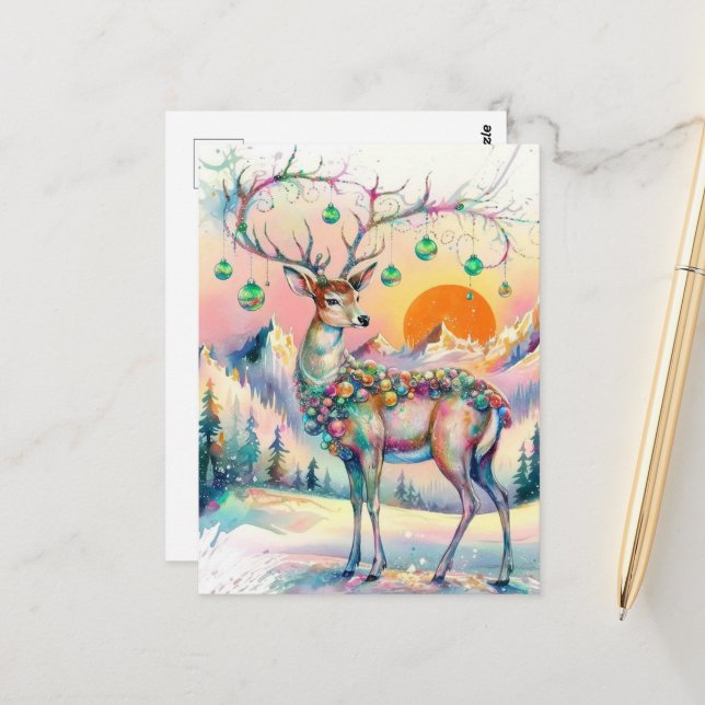 Carte Postale Un adorable cerf de Noël aquarelle (Devant/Arrière en situation)