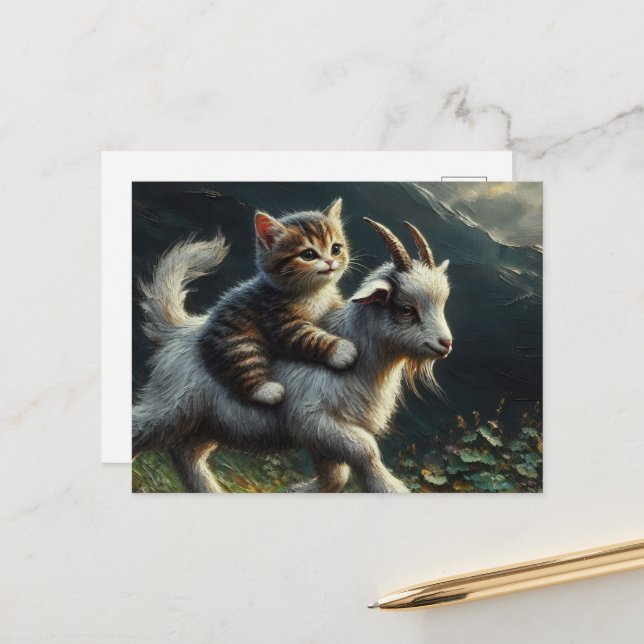 Carte Postale Un adorable chat chevauchant une chèvre (Devant/Arrière en situation)