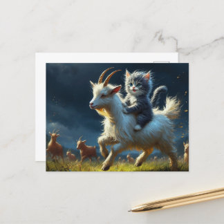 Carte Postale Un adorable chat chevauchant une chèvre
