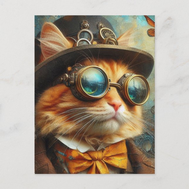 Carte Postale un adorable chat gingembre steampunk (Devant)