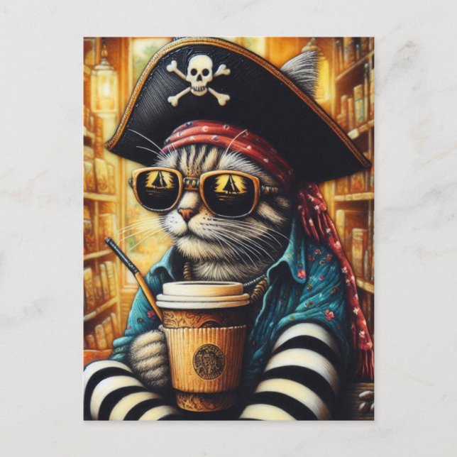 Carte Postale Un Adorable Chat Pirate Avec Café (Devant)