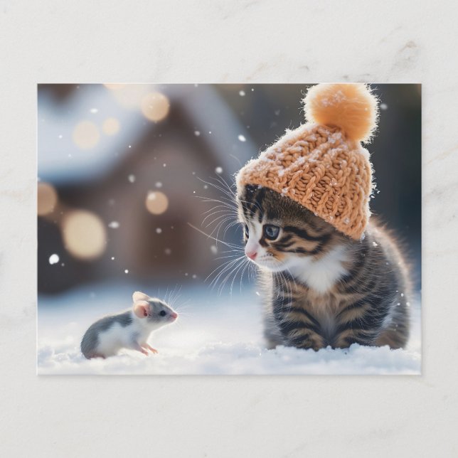 Carte Postale Un adorable chaton et une souris dans la neige ens (Devant)
