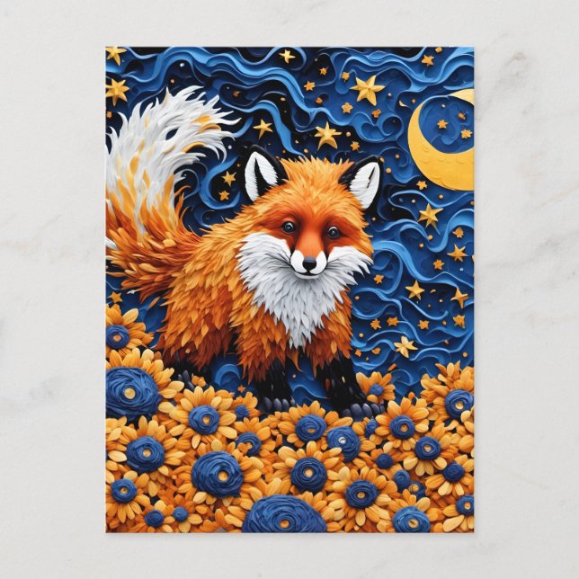Carte Postale Un adorable renard rouge dans la galaxie des bleue (Devant)