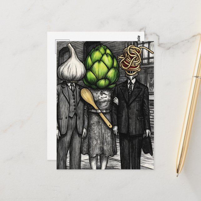 Carte Postale Un ail, un artichaut et une fourchette à spaghetti (Devant/Arrière en situation)