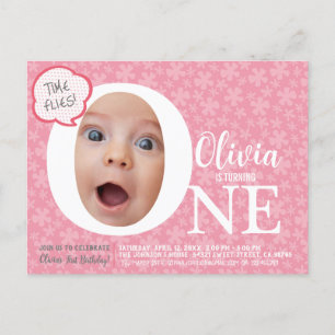 Carte Postale Un amusant bébé photo rose fleur anniversaire Invi